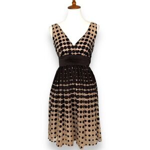 Burlapp Black & Beige Pleated Polka Dot Sleeveless V Neck A Line Dress Size 0